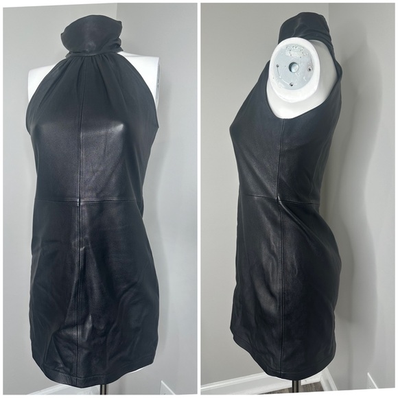 Elegant Black Halter Leather Mini Dress- PRELOVED- MEDIUM - Picture 2 of 7